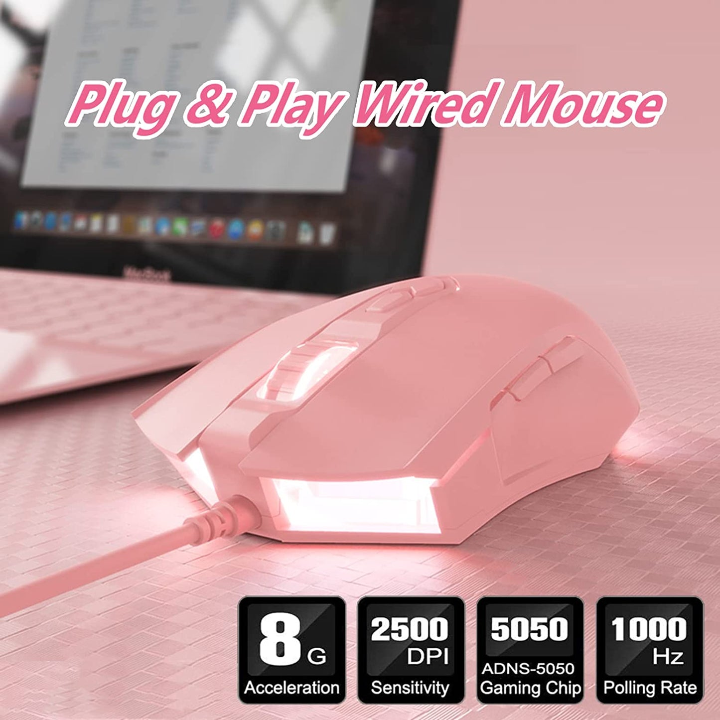 AJ52 RGB Wired Gaming Mouse (Pink) – 7 Programmable Buttons, 200–4800 DPI Adjustable, Ergonomic USB Computer Mouse with Dynamic RGB Lighting, Non-Slip Grip, and Driver Customization for PC & Laptop
