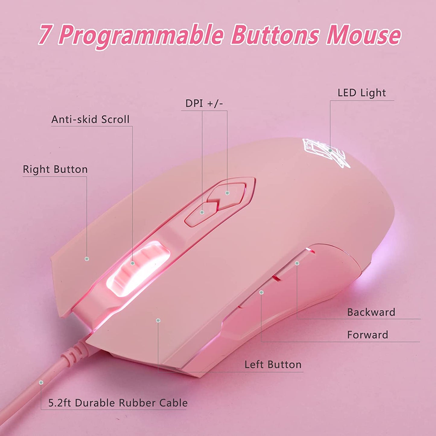 AJ52 RGB Wired Gaming Mouse (Pink) – 7 Programmable Buttons, 200–4800 DPI Adjustable, Ergonomic USB Computer Mouse with Dynamic RGB Lighting, Non-Slip Grip, and Driver Customization for PC & Laptop