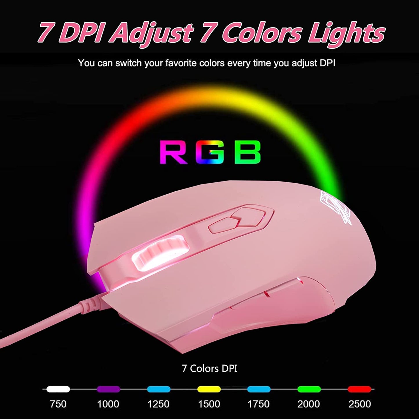 AJ52 RGB Wired Gaming Mouse (Pink) – 7 Programmable Buttons, 200–4800 DPI Adjustable, Ergonomic USB Computer Mouse with Dynamic RGB Lighting, Non-Slip Grip, and Driver Customization for PC & Laptop