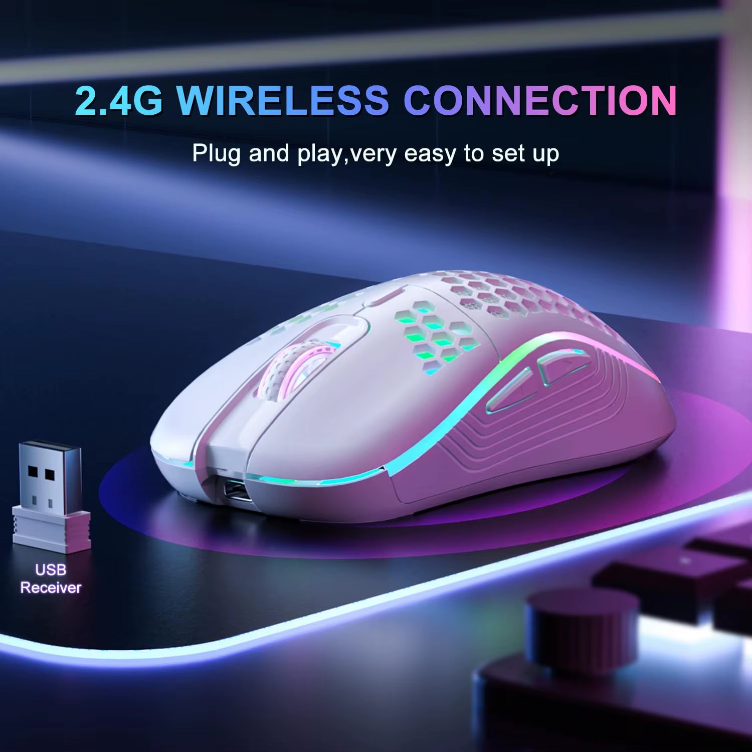🎮 2.4G Wireless RGB Gaming Mouse – Ergonomic Honeycomb Design, 6 Buttons, Adjustable DPI, Type-C Rechargeable
