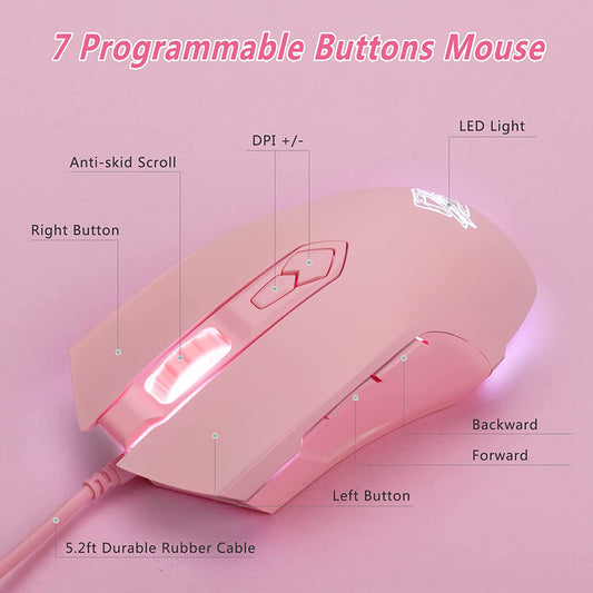 AJ52 RGB Wired Gaming Mouse (Pink) – 7 Programmable Buttons, 200–4800 DPI Adjustable, Ergonomic USB Computer Mouse with Dynamic RGB Lighting, Non-Slip Grip, and Driver Customization for PC & Laptop