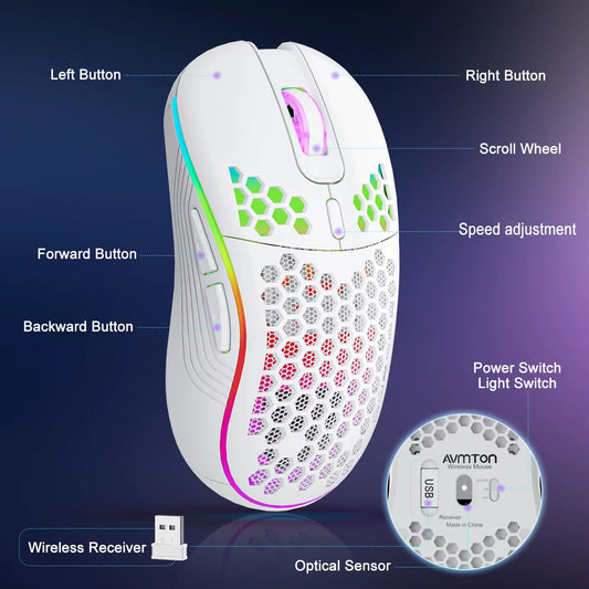 🎮 2.4G Wireless RGB Gaming Mouse – Ergonomic Honeycomb Design, 6 Buttons, Adjustable DPI, Type-C Rechargeable