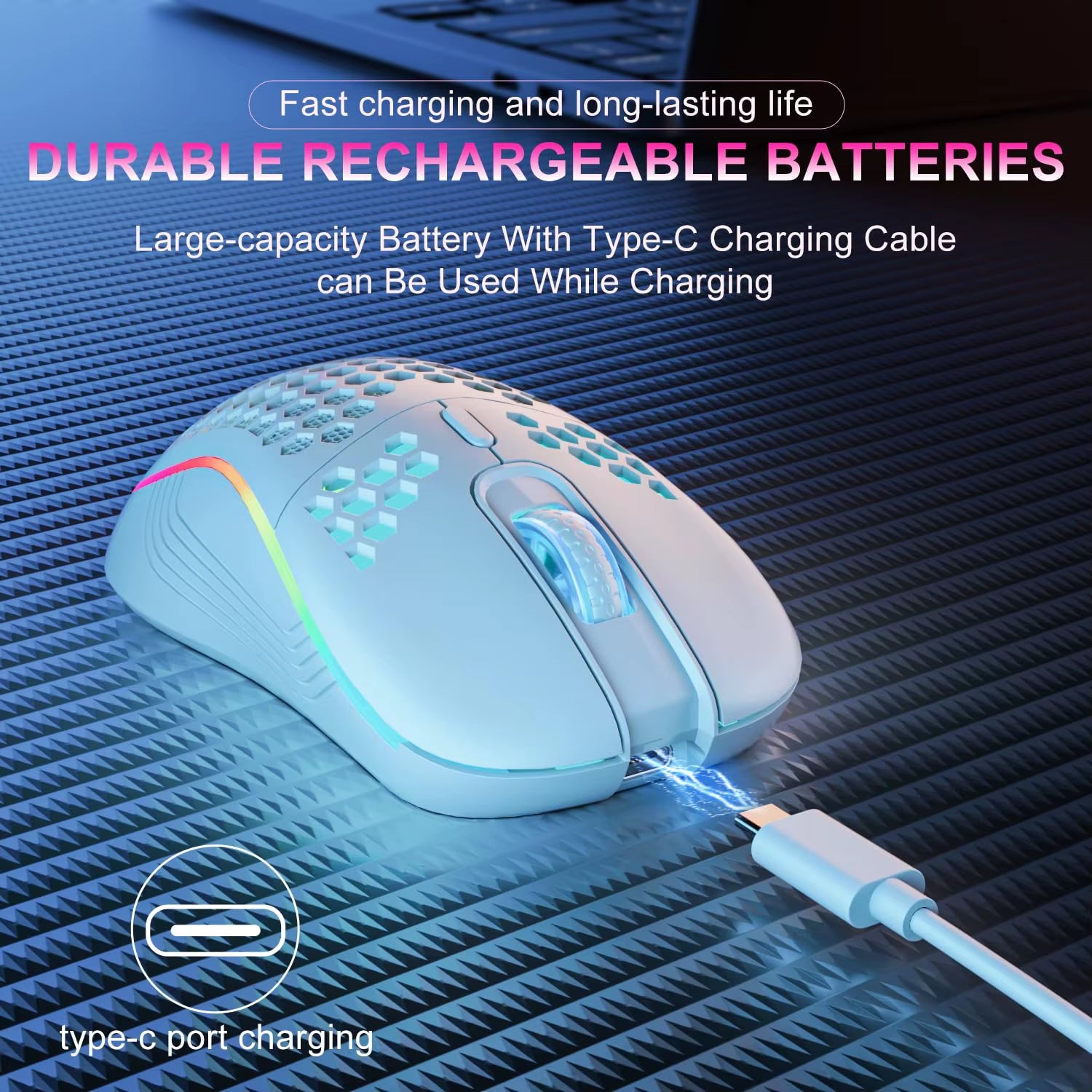 🎮 2.4G Wireless RGB Gaming Mouse – Ergonomic Honeycomb Design, 6 Buttons, Adjustable DPI, Type-C Rechargeable